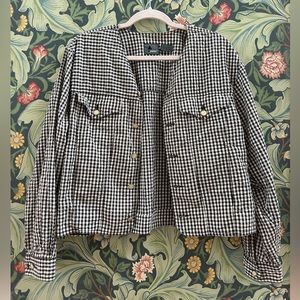 90s 1990s Vintage Liz Wear seersucker black and white Gingham Buttoned blouse